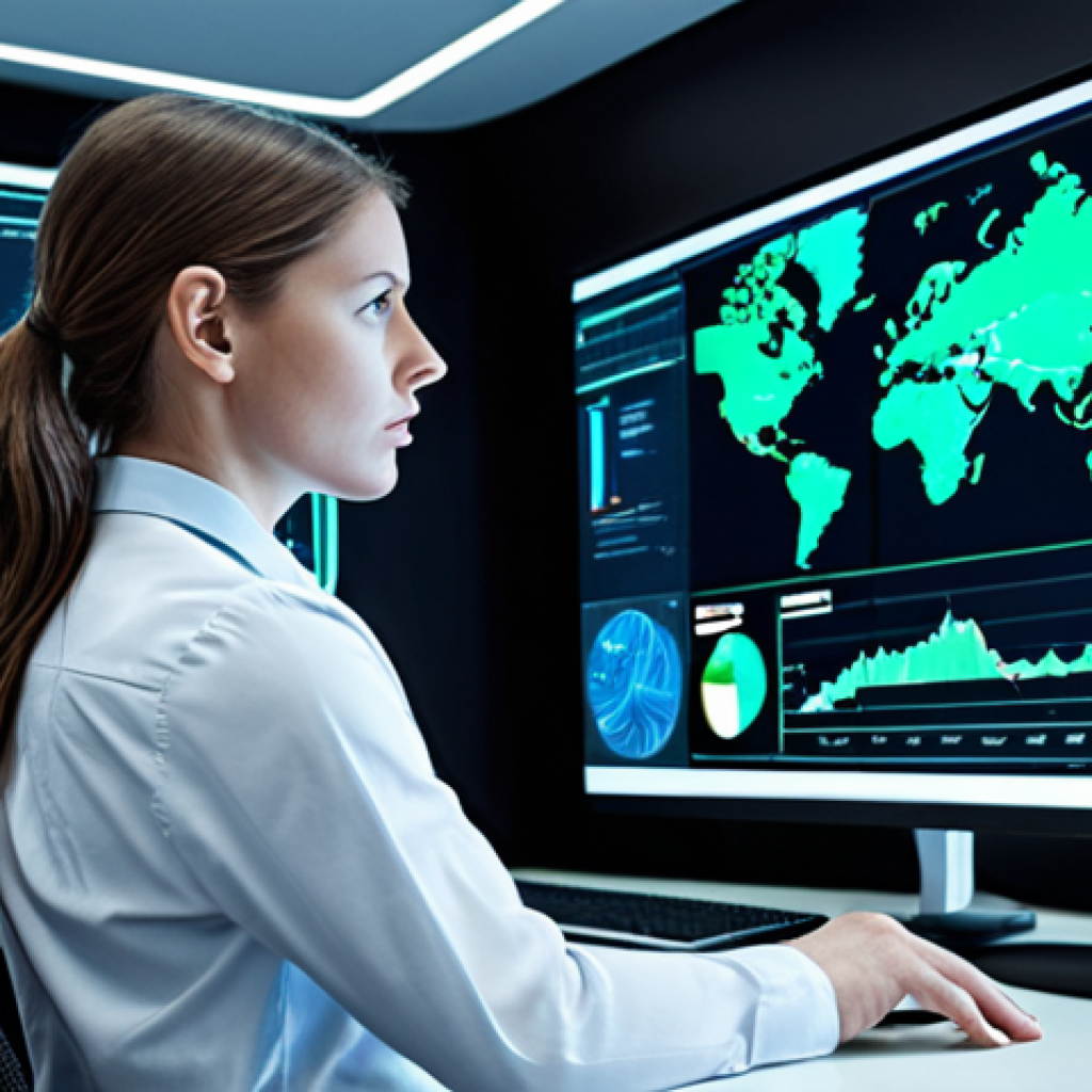 **Image Prompt 1:** A focused financial analyst, a man or woman, in a sleek, modern office environment. They are surrounded by multiple large, glowing screens displaying complex real-time financial data, interactive charts, and dynamic risk assessment dashboards with AI-powered insights. The atmosphere is highly professional and efficient, with subtle futuristic elements like holographic projections or intelligent interfaces, suggesting advanced technology and data integration. The color palette emphasizes cool tones of blue, green, and white.