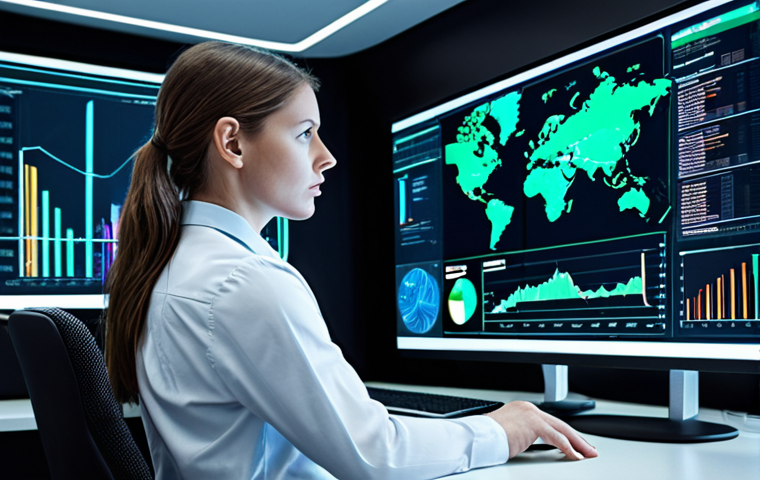 **Image Prompt 1:** A focused financial analyst, a man or woman, in a sleek, modern office environment. They are surrounded by multiple large, glowing screens displaying complex real-time financial data, interactive charts, and dynamic risk assessment dashboards with AI-powered insights. The atmosphere is highly professional and efficient, with subtle futuristic elements like holographic projections or intelligent interfaces, suggesting advanced technology and data integration. The color palette emphasizes cool tones of blue, green, and white.