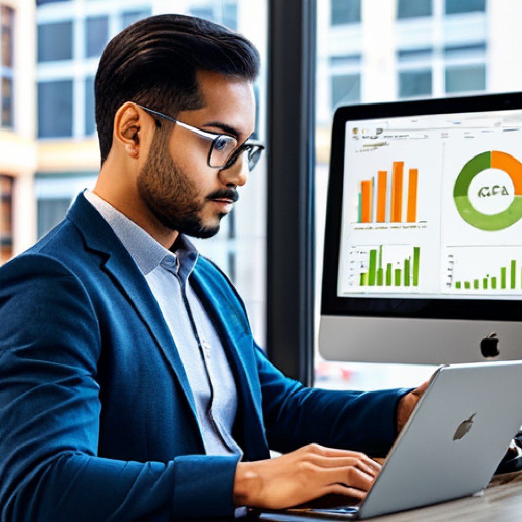 A diverse professional, fully clothed in modern, modest business casual attire, diligently studying for the CFA exam on a sleek laptop and tablet. The background features a blurred, vibrant urban setting visible through a large window, suggesting flexible study locations like a contemporary co-working space or a bright cafe. On the screens, there are visualizations of financial data, charts, and subtle interface elements hinting at AI-adaptive learning and big data analysis. The individual is focused, with a natural pose, demonstrating perfect anatomy and correct proportions, well-formed hands, proper finger count. The lighting is soft and natural, creating a professional photography style image. Safe for work, appropriate content, fully clothed, family-friendly, high quality.