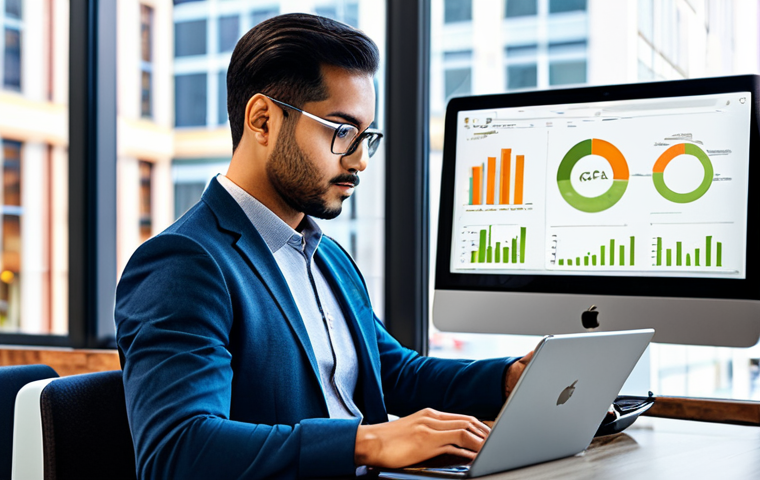A diverse professional, fully clothed in modern, modest business casual attire, diligently studying for the CFA exam on a sleek laptop and tablet. The background features a blurred, vibrant urban setting visible through a large window, suggesting flexible study locations like a contemporary co-working space or a bright cafe. On the screens, there are visualizations of financial data, charts, and subtle interface elements hinting at AI-adaptive learning and big data analysis. The individual is focused, with a natural pose, demonstrating perfect anatomy and correct proportions, well-formed hands, proper finger count. The lighting is soft and natural, creating a professional photography style image. Safe for work, appropriate content, fully clothed, family-friendly, high quality.