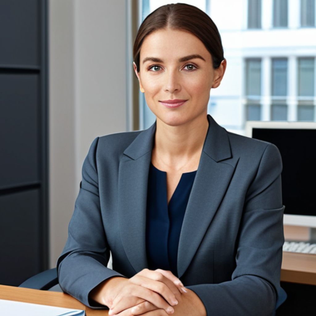 **

A professional businesswoman in a modest business suit, sitting at a desk in a modern office, fully clothed, appropriate attire, safe for work, perfect anatomy, natural proportions, professional photography, high quality, family-friendly.

**