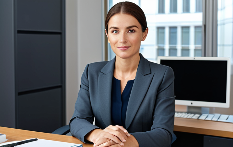 **

A professional businesswoman in a modest business suit, sitting at a desk in a modern office, fully clothed, appropriate attire, safe for work, perfect anatomy, natural proportions, professional photography, high quality, family-friendly.

**