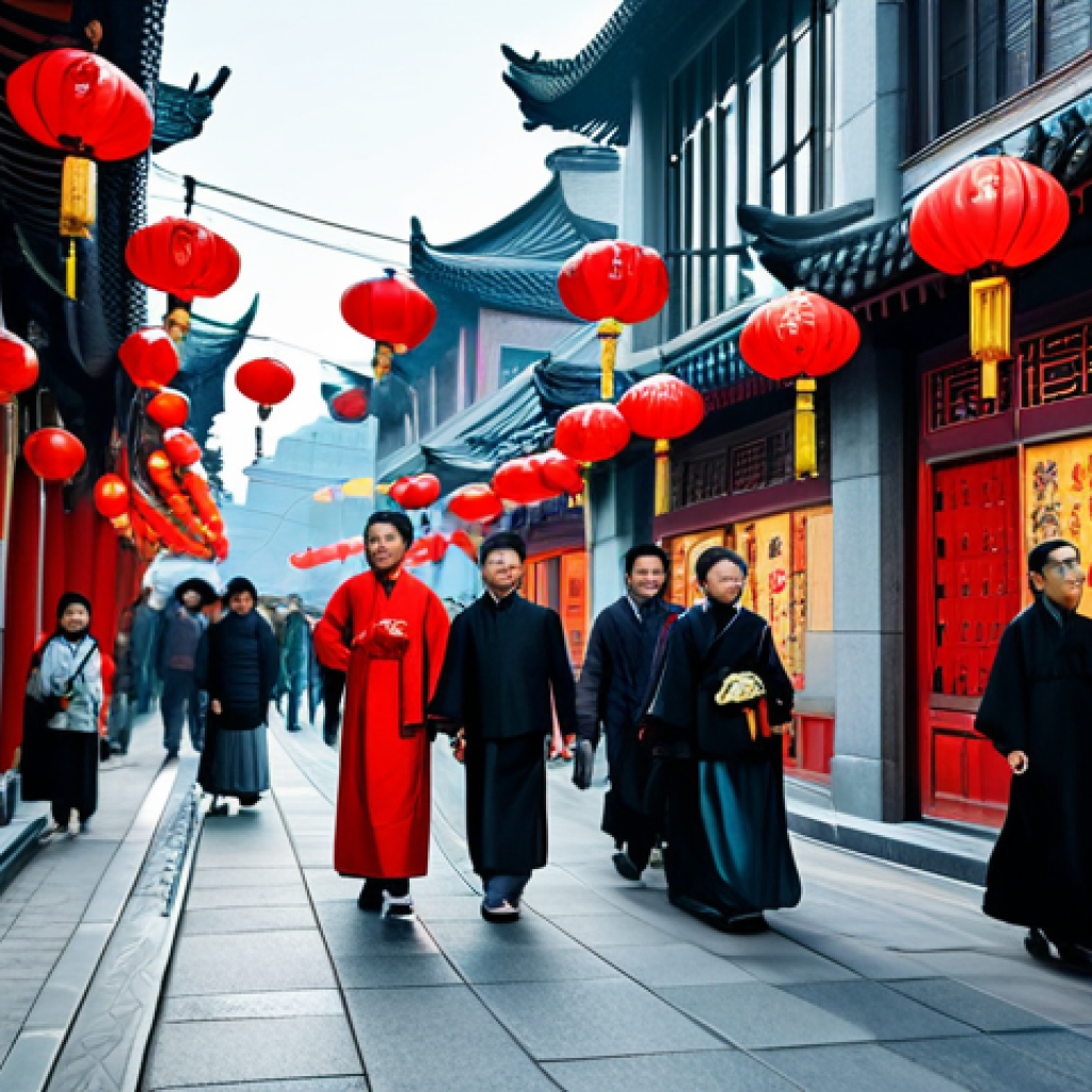 **

A bustling street scene in Shanghai, China, during the Lunar New Year. Red lanterns hang above, and people are wearing traditional Chinese clothing (Hanfu or Cheongsam). Focus on the vibrant colors and festive atmosphere.  Include modern elements blended with tradition.  High detail, 8k resolution, photo-realistic, cinematic lighting.

**