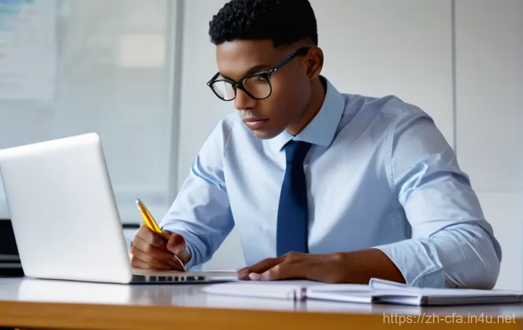 CFA와 증권 분석 기법 - **Prompt:** A focused and determined young professional, dressed in smart business attire (a crisp b...