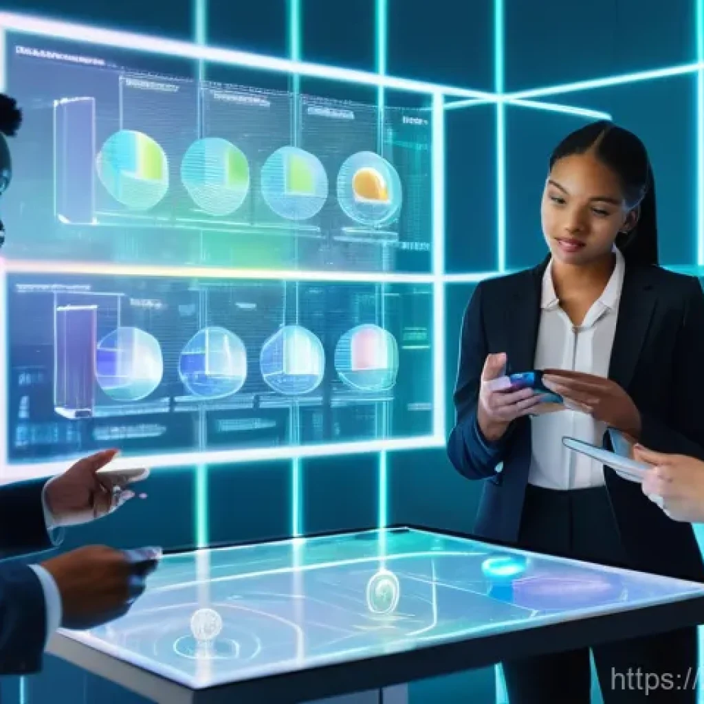 금융투자분석사와 암호화폐 투자 - **Prompt:** A diverse group of young adults, dressed in smart casual attire, gather around a hologra...